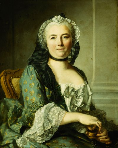 Portret van een dame, zittend, halve lengte, met een snuifdoos door Louis Tocqué