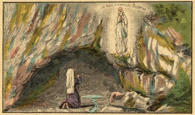 De verschijning van de Maagd Maria in Lourdes - De Maagd verschijnt aan Bernadette Soubirous (1844-1879) in Lourdes in 1858 - Gravure uit 