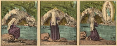 De verschijning van de Maagd Maria in Lourdes - De Maagd verschijnt aan Bernadette Soubirous in Lourdes in 1858 - Gravure uit 