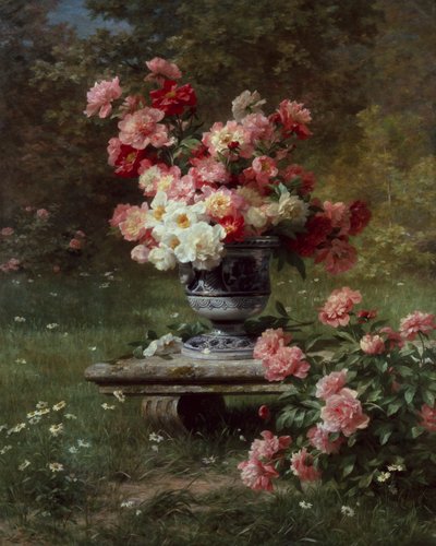 Pioenen in een urn in een tuin door Louis Marie Lemaire