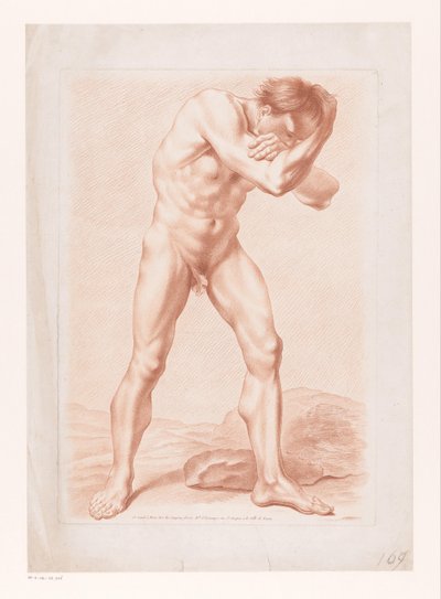 Staande naakte man met armen rond zijn hoofd gevouwen door Louis Marin Bonnet (attributed to)