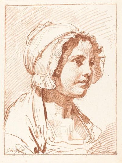 Hoofd van een jonge vrouw met een muts, voor 1764 door Louis Marin Bonnet