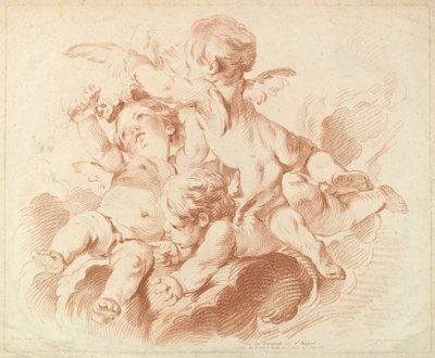 De Lucht: Een Groep van Drie Putti op Wolken door Louis Marin Bonnet