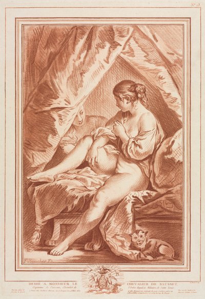 Jonge vrouw zittend op een bed, voor 1764 door Louis Marin Bonnet