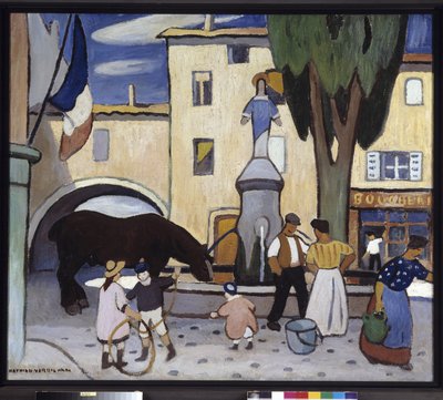 La fontaine de Trets au cheval noir door Louis Mathieu Verdilhan