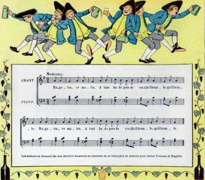 Partituur en illustratie door Louis Maurice Boutet de Monvel van kinderlied Ragotin door Louis Maurice Boutet de Monvel