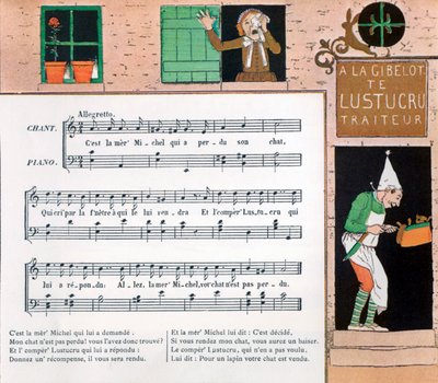 Partituur en illustratie van kinderlied La mere Michel door Louis Maurice Boutet de Monvel