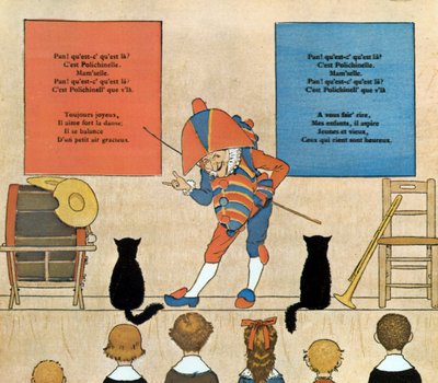Partituur en illustratie van kinderlied Punchinello, 1898 door Louis Maurice Boutet de Monvel