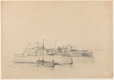Huizen en twee schepen bij de kust door Louis Meijer