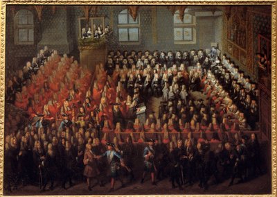 Bed van Justitie gehouden door Lodewijk XV (1710-1774) in de Grote Kamer van het Parlement van Parijs om de wil van Lodewijk XIV (1638-1715) te breken door Louis Michel Dumesnil