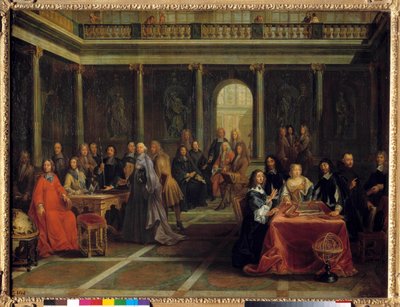 Koningin Christine van Zweden, omringd door haar hof, hoort de filosoof René Descartes een geometrie demonstratie geven; in aanwezigheid van de Prins van Condé, Elisabeth de Baviere Prinses Palatine en Vader Mersenne door Louis Michel Dumesnil