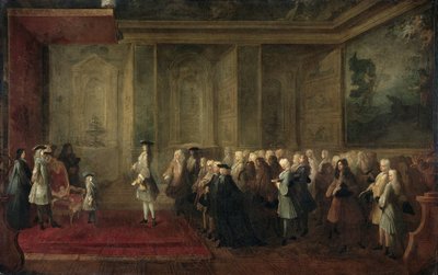 De ontvangst van Cornelis Hop (1685-1762) als gezant van de Staten-Generaal aan het hof van Lodewijk XV, 24 juli 1719 door Louis Michel Dumesnil