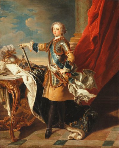 Portret van Koning Lodewijk XV, volledig, in halve Wapenrusting door Louis Michel van Loo