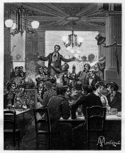In het midden, op een tafel, leidt Desroches de charivari. Scène in een Parijse café: mensen zingen, drinken, roken, praten en flirten rond tafels. In 