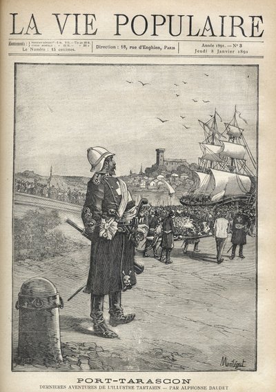 Man die een optocht van de Tarasque observeert in de haven van het eiland Port Tarascon. Illustratie door Montegut voor 
