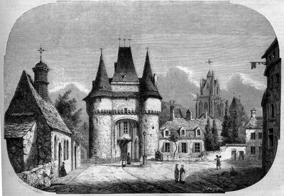Architectuur: uitzicht op de poort Saint Julien (1460-1483), op de achtergrond, uitzicht op de gotische kerk Notre Dame des Marais (1450-1623). La Ferté-Bernard, Sarthe (72). door Louis Moullin