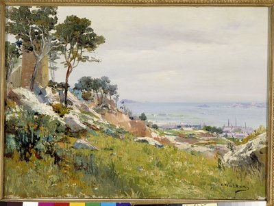 Uitzicht op de Friuli-eilanden vanaf de hoogten van Madrague. Schilderij van Louis Nttero door Louis Nattero