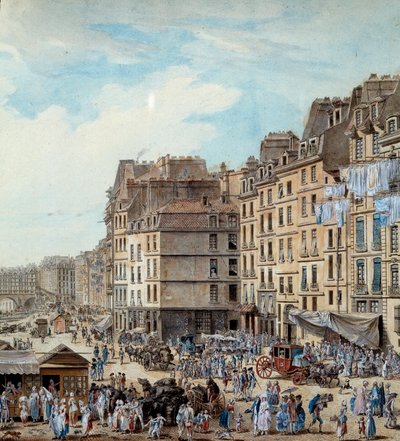 Maritiem leven op de dokken van de haven in Parijs in 1782. Peniches en commerciële activiteiten op de Seine. Detail. Tekening door Louis de Lespinasse (1782) Parijs, Musee Carnavalet door Louis Nicolas de Lespinasse