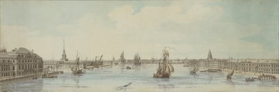 Uitzicht op de oevers van de rivier de Neva tussen het Winterpaleis en de Academie van Wetenschappen door Louis Nicolas de Lespinasse