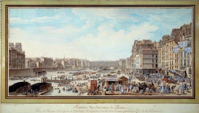 Uitzicht op de haven bij de walvis genomen vanaf de oude Marche aux veaux richting de Notre-Dame-brug in Parijs door Louis Nicolas de Lespinasse