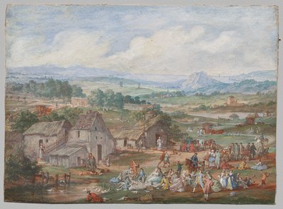 Een groep picknickend bij een dorp door Louis Nicolas van Blarenberghe
