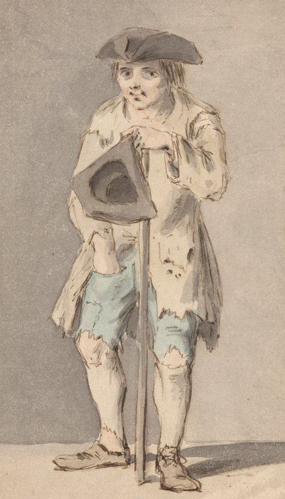 Bedelaar met staf die een driekantige hoed vasthoudt door Louis Philippe Boitard