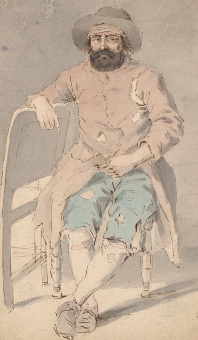 Man in gescheurde kleren zittend met rechterarm over een andere stoel door Louis Philippe Boitard