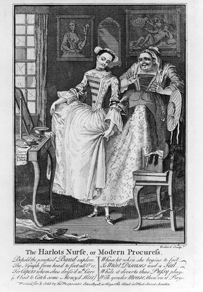 De verpleegster van de hoer of moderne koppelaarster, pub. 1750 (zw gravure) door Louis Philippe Boitard