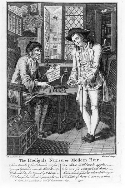 De verpleegster van de verloren zoon of moderne erfgenaam, uitgegeven 1750 door Louis Philippe Boitard
