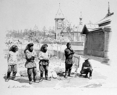 De boeren van een klein Russisch dorp met een muskietennet op hun gezicht en een treinstation van de Trans-Siberische. 1913. Ill. de Sabatier door Louis Remy Sabatier