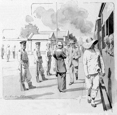 Een Chinese conducteur bij een stop op de Transsiberische spoorlijn (1913, illustratie door Sabattier) door Louis Remy Sabattier