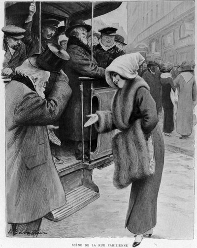 Politesse: Scène van de Parijse straat - Galanterie van vroeger in het Parijs van vandaag. Een oude man en een jonge vrouw bij de bushalte. Illustratie van Sabattier. ca. 1910. door Louis Remy Sabattier