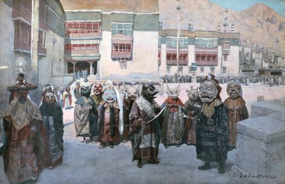 Lentefestival in het Himis-klooster, Tibet (litho) door Louis Remy Sabattier
