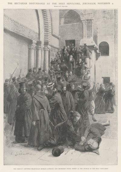 De sektarische onrust bij het Heilig Graf, Jeruzalem, 4 november door Louis Remy Sabattier