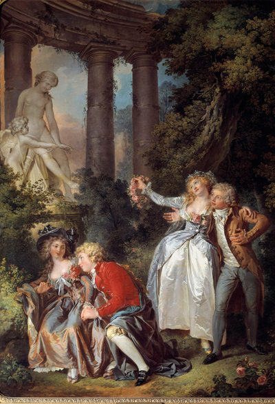 Een galante Venus aanbieden in een romantisch landschap van oude ruïnes door Louis Rolland Trinquesse