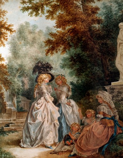 Wandeling in het park. Elegante jonge vrouwen tijdens een moment van ontspanning in een tuin door Louis Rolland Trinquesse