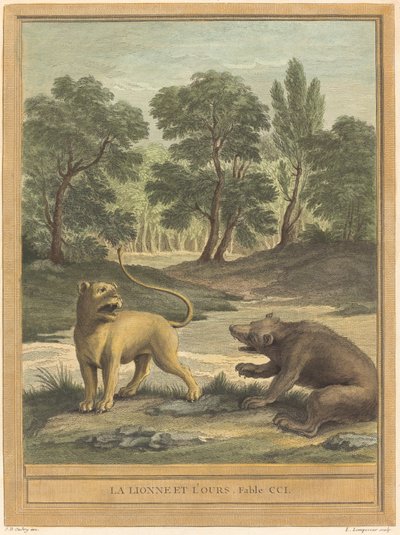 De leeuwin en de beer door Louis Simon Lempereur after Jean Baptiste Oudry