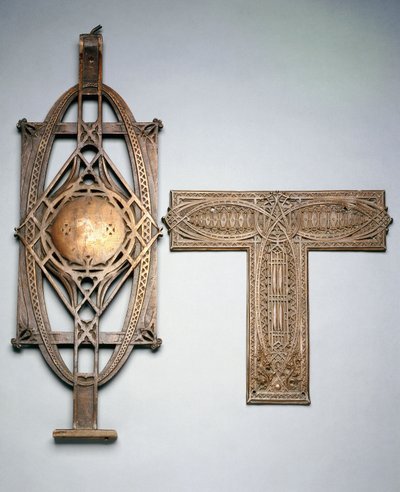 Een koperen gietijzeren trapbaluster en een koperen metalen decoratief paneel, ca. 1894 door Louis Sullivan