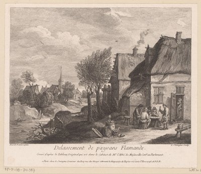 Vlaams dorpsgezicht met boeren die een kaartspel spelen (Delassement de paysans Flamands) door Louis Surugue