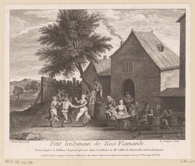 Vlaams dorpsgezicht met feestend gezelschap voor een herberg door Louis Surugue