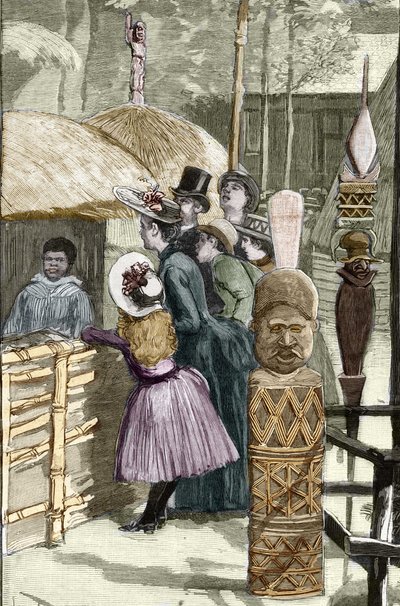Exposition Universelle 1889 - Het Canaque-dorp op de Esplanade des Invalides (de Canaques tentoongesteld tijdens de tentoonstelling: Menselijke dierentuin) - Tekening door Louis Tinayre (1861-1942) - in 