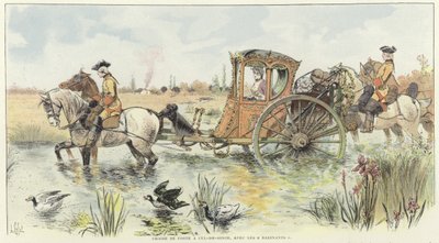 Een vrouw in een door paarden getrokken koets die door een rivier reist door Louis Vallet