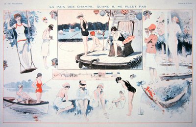 Vredige tijden op het platteland... als het niet regent!, ca. 1930 (kleur litho) door Louis Vallet