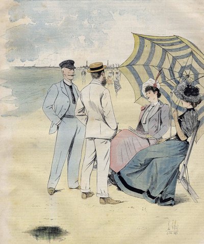 Zee baden: op het strand. van L. Vallet Aquarel. 1892 door Louis Vallet