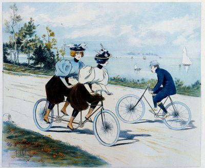 Zondagwandeling. Fietstocht: een man op een fiets kijkt naar twee vrouwen op een tandem door Louis Vallet