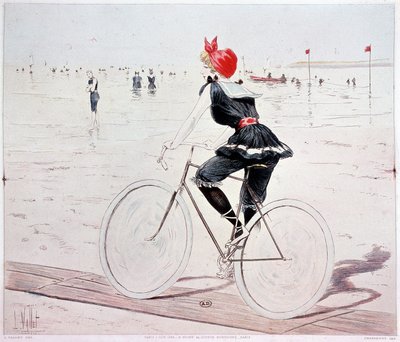 Vrouw op een fiets op het strand - tekening door L. Vallet door Louis Vallet