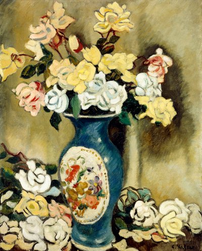 Boeket rode rozen in een blauwe vaas, c.1920 door Louis Valtat