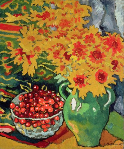 Gele bloemen en een schaal kersen door Louis Valtat