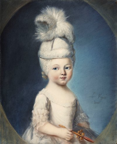 Portret van de markies de Fleury als een baby in een gewatteerde hoed, met een pluim, een gouden en koraal bijtring vasthoudend, 1762 door Louis Vigee