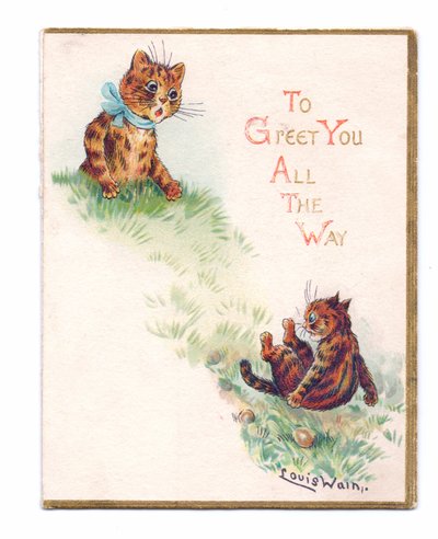 Victoriaanse wenskaart van twee katten, een die valt en de ander die geschrokken kijkt, ca. 1880 door Louis Wain